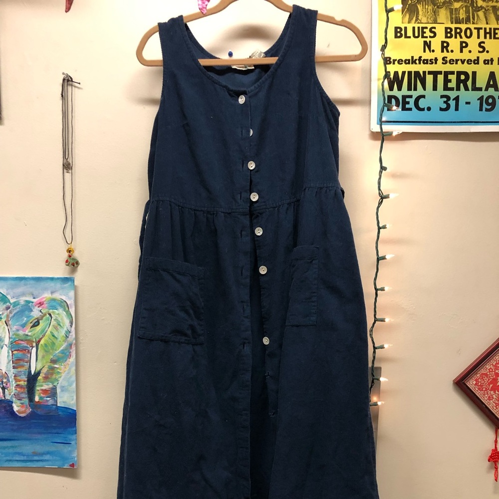 Blue corduroy button down sleeveless dress